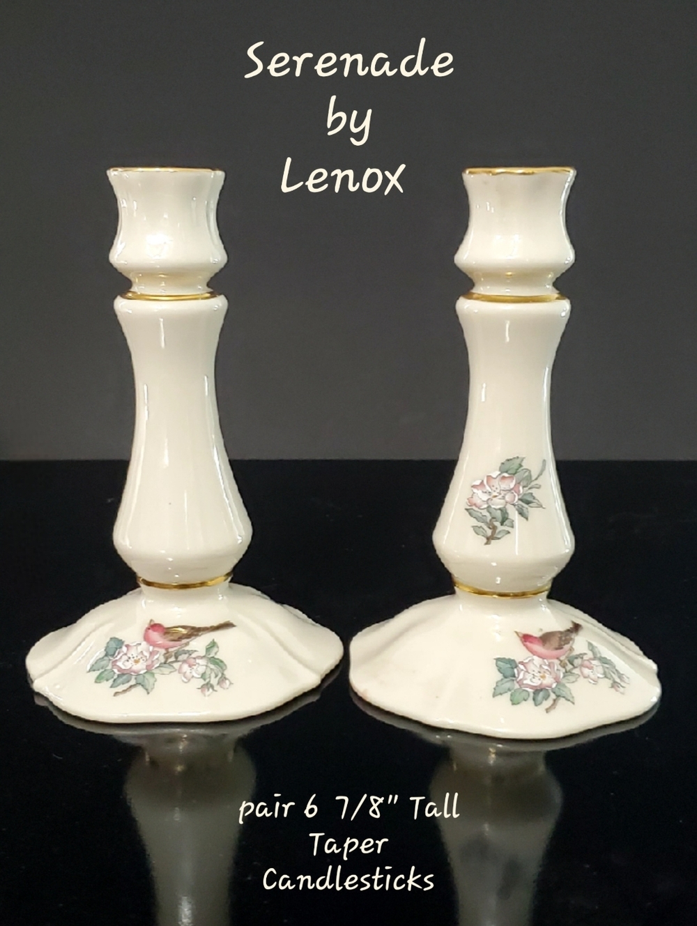 Vntg 2 Lenox Serenade Ivory China Candlesticks 24K Gold Trim Birds Pink Blossoms